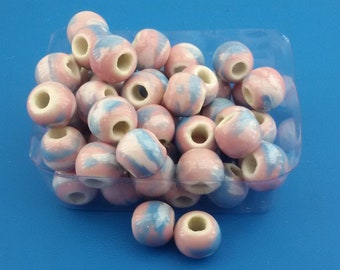 pink round ceramic beads,big hole ceramic beads,blue splashes pottery beads,8mm porcelain pink glazed beads,pink blue ceramic beads