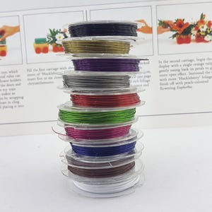 Op de afbeelding: Een stapel spoelen met gekleurd draad, elke spoel is omwikkeld met een ander gekleurd draad. De kleuren omvatten zwart, goud, paars, zilver, rood, groen, roze, blauw, bruin en wit.