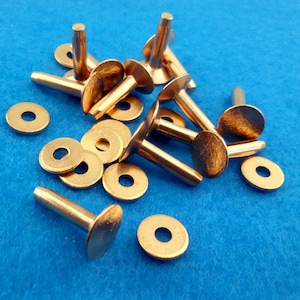 May include: A close-up of a pile of brass-colored metal rivets with washers. The rivets have a round head and a long shank. The washers are round and flat.