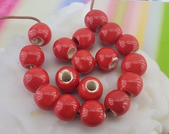 red pottery beads,red porcelain beads,round red ceramic beads,red glazed ceramic beads,8 mm red glazed porcelain beads