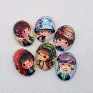 oval glass girl cabochon,2 cartoon girls photo cabochons,girl cabochon,flat back glass cabochon,pretty girl cabochon,colorful  glass cabocho