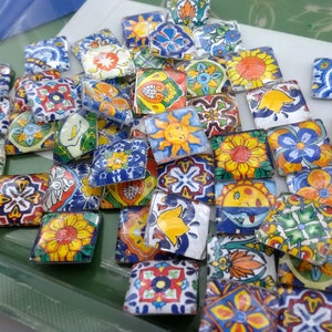 glass cabochon talavera tiles mosaic,mexican tiles cabochon,square glass cabochon,3 mexican tiles photo cabochons,flat back glass cabochon image 2