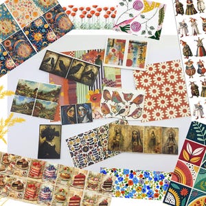 May include: A collection of decorative paper sheets with various designs. The sheets feature illustrations of suns, moons, birds, flowers, cakes, and religious figures. The color palette includes blues, oranges, reds, and greens, creating a vintage aesthetic.
