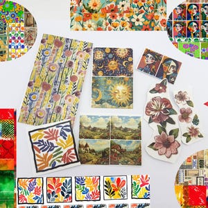 Könnte beinhalten: Eine Sammlung dekorativer Papierauschnitte mit verschiedenen künstlerischen Designs. Das Sortiment umfasst florale Muster, Himmelsbilder mit Sonnen und Monden, Landschaftsszenen und abstrakte Kunst mit bunten Blättern und Gesichtern. Die Farbpalette ist vielfältig.