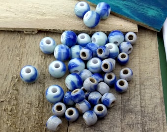 small blue ceramic beads,grey round porcelain beads,blue spots pottery beads,round blue porcelain beads,small blue glazed porcelain bead