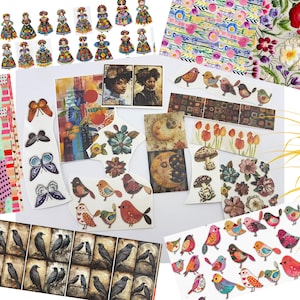 May include: A collection of decorative stickers and washi tape featuring various designs. Includes stickers of birds, butterflies, flowers, portraits, and doll-like figures. The washi tape has floral and geometric patterns.
