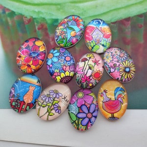 cabochon en verre fleurs vintage, cabochon en verre ovale, cabochon en verre floral 18 mm, cabochons photo fleur, cabochon en verre fleur à dos plat