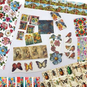 Può includere: Una collezione di adesivi e ritagli decorativi con vari disegni. Include motivi floreali, ritratti di gatti, scene di paesaggi, farfalle, uccelli e figure religiose. La tavolozza dei colori è varia, con un mix di toni vivaci e tenui.
