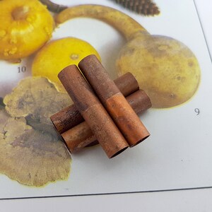 May include: Four copper tubes are arranged in a pile. The tubes are cylindrical with a dark brown patina. The background features yellow gourds and a printed page with the number 9 and 10.