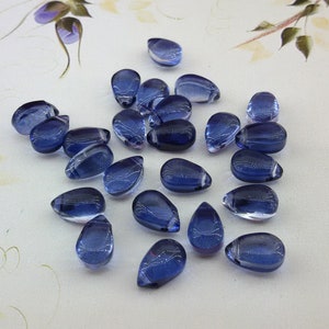Cuentas de vidrio checo de gota azul, cuentas de acabado transparente de gota azul pulidas al fuego, cuentas de vidrio checo de gotas de agua azul, cuentas de vidrio checo azul claro de gota