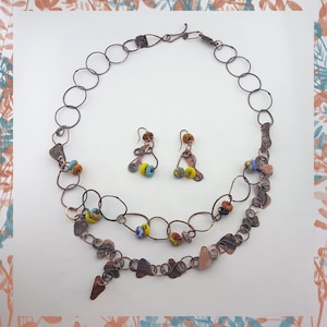 copper necklace wearable art,rustic quirky elements necklace and earrings,Ghana beads and soldered copper necklace,unique copper necklace