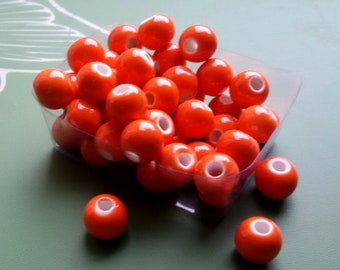 perles émaillées en céramique, perles en céramique orange, perles en céramique à grand trou, 8 perles en céramique orange, perles d’espacement, perles de porcelaine de 8 mm, perles de céramique orange