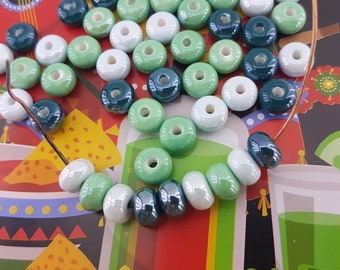 turquoise glossy ceramic beads,green mix pottery beads,blue mix glazed ceramic beads,green blue ceramic beads,green rondelle porcelain beads