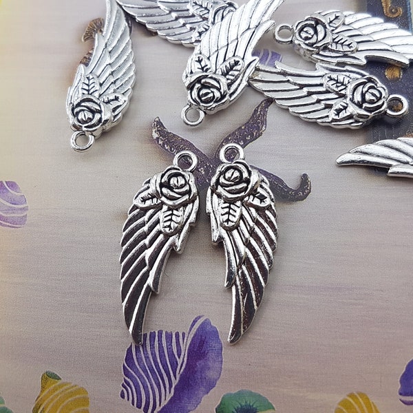 silver tone feather design charm,jewelry ornament in the shape of wings,heart charm for bracelet,angel wings bird wings fairy wings charm