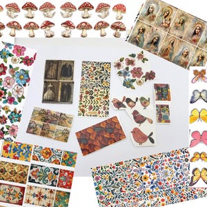 Peut inclure: Une collection d'autocollants décoratifs avec divers motifs. Comprend des autocollants de champignons, de fleurs, d'oiseaux, de papillons et de portraits vintage. Les autocollants sont de différentes couleurs, dont le rouge, le bleu, le jaune et le marron.