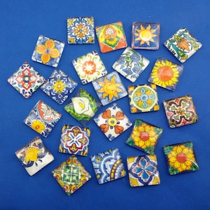 glass cabochon talavera tiles mosaic,mexican tiles cabochon,square glass cabochon,3 mexican tiles photo cabochons,flat back glass cabochon image 1