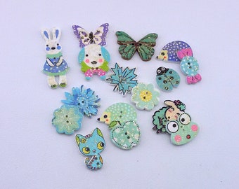 animal buttons,12 wooden buttons,blue kids buttons,scrap booking buttons,multicolored decorative buttons,animal buttons,colored buttons,blue