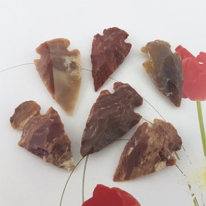 May include: Six handcrafted stone arrowheads in shades of brown, red, and tan are arranged on a white surface. Each arrowhead has a distinct shape and texture, showcasing natural variations in the stone.