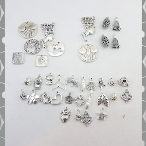 silver tone charms,silver charms for bracelet earrings,30 silver charms size mix,silver bracelet bangles trinkets ornaments small pendants