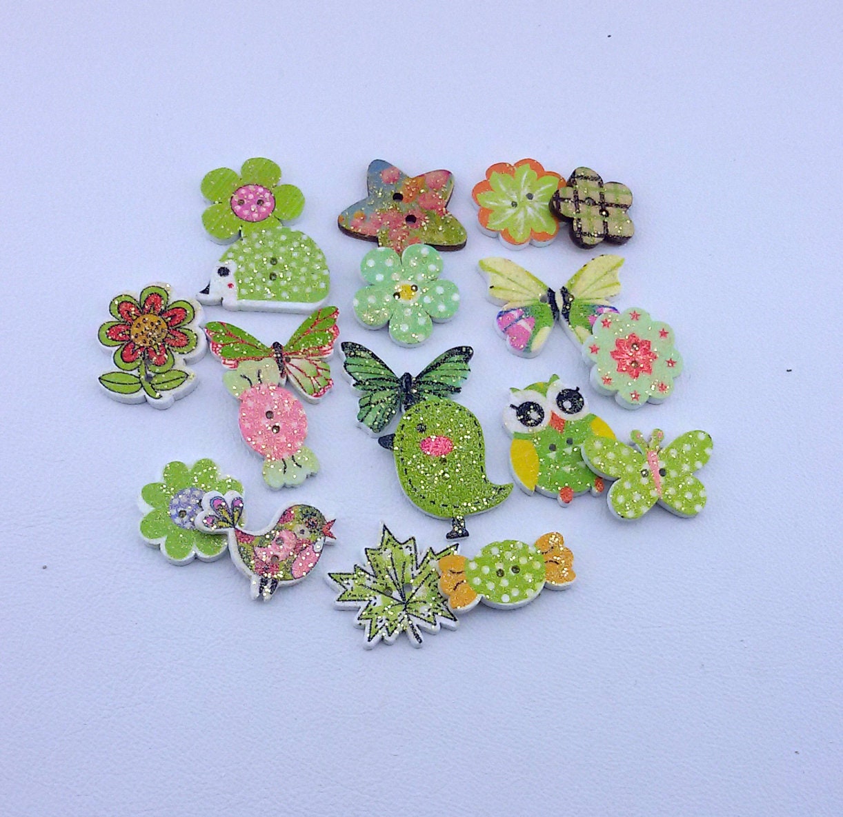 owl buttons,12 wooden buttons,green kids buttons,scrap booking buttons,multicolored decorative butto