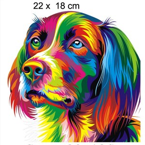 May include: A colourful abstract painting of a dog's head. The dog's fur is painted in shades of red, orange, yellow, green, blue, and purple. The dog's eyes are green and blue. The painting is 22 x 18 cm.