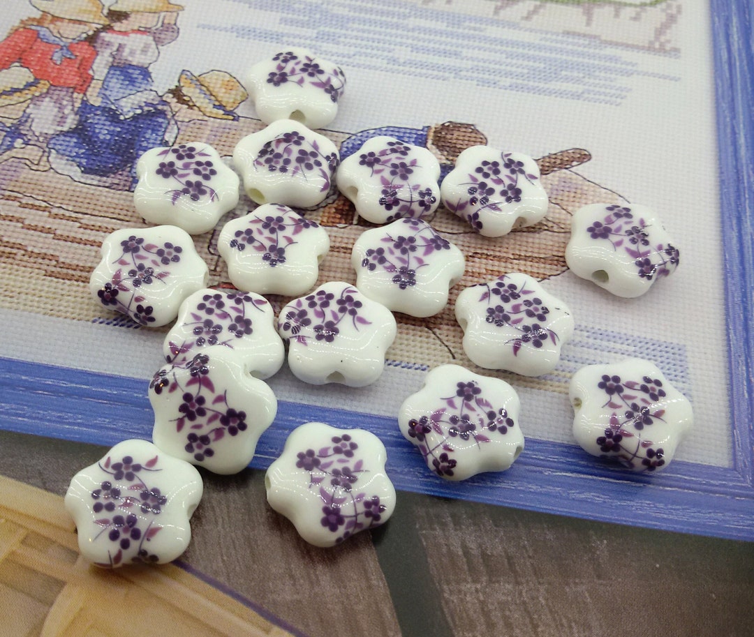 Large Floral Ceramic Beads,white Flower Porcelain Bead,purple Flower