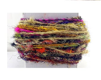 Sari silk yarn,5metr recycled silk fiber yarn,handspun silk textile art yarn,multicolored silk yarn saree,soft chunky fair trade silk thread