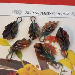 Può includere: Sei ciondoli a forma di foglia in rame brunito con un anello per appenderli. Le foglie hanno una superficie strutturata con sfumature di marrone, verde e rame. Il testo "BURNISHED COPPER" è stampato sopra le foglie.