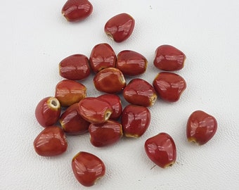 ceramic beads,6 red hearts ceramic beads,big red pottery porcelain beads,heart porcelain beads,red glazed beads,glazed porcelain red  beads