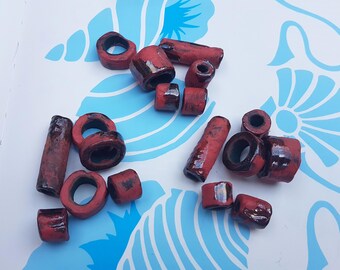 handmade large ceramic beads,handcrafted red ceramic focal beads large hole,glazed pottery beads charms pendants unique design