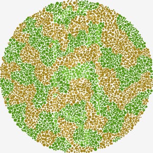K&ouml;nnte beinhalten: Eine kreisf&ouml;rmige Ishihara-Farbtafel mit einem dichten Muster aus kleinen Punkten in verschiedenen Gr&uuml;n- und Braunt&ouml;nen. Die Punkte sind so angeordnet, dass sie eine verborgene numerische Form in der Mitte des kreisf&ouml;rmigen Sichtfeldes bilden.
