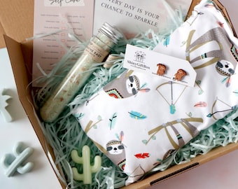 Sloth Lover Gift Set - Pamper Me | Birthday Curated Self Care Box / Hamper - Earrings + Bath Salt + Wheat Bag + Mini Soaps