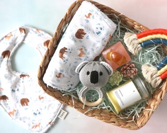 Baby and Mum Gift Set - Curated Handmade Gifts / Hamper - Newborn Baby Shower | Bib | Burp Cloth | Rattle | Rainbow Hanging | Candle | Soap