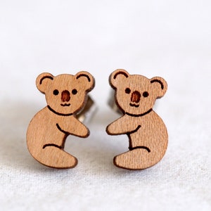 Koala Wood / Novelty Mini Stud Earrings - Australian Native Animal - Animal Laser Cut Earrings