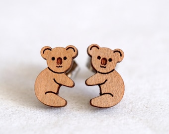 Koala Wood / Novelty Mini Stud Earrings - Australian Native Animal - Animal Laser Cut Earrings