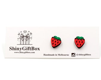 Strawberry Wood / Novelty Mini Stud Earrings - Food Series - Hand-painted Cute & Quirky