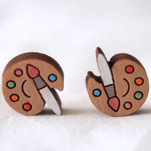 Paint Palette Wood / Novelty Earrings - Cute Quirky Mini Studs Teacher&#39;s gift