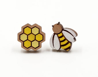 Bee & Honeycomb Wooden Earrings - Insects Series - Hand-Painted Novelty Laser Cut Stud earrings
