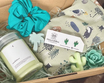 Cactus / Alpaca / Avocado Lover Gift Set / Hamper – Earrings, Soy Candle & Wheat Bag