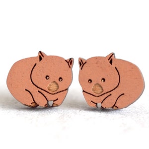 Wombat Wood / Novelty Mini Stud Earrings - Australian Native Animal - Handpainted Animal Laser Cut Earrings