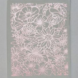 May include: A pink and gray floral pattern with a variety of flowers and leaves. The pattern is embossed on a card.