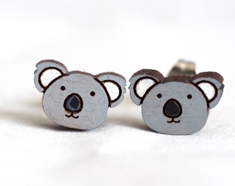 Koala Wood / Novelty Mini Stud Earrings - Australian Native Animal - Handpainted Animal Laser Cut Earrings