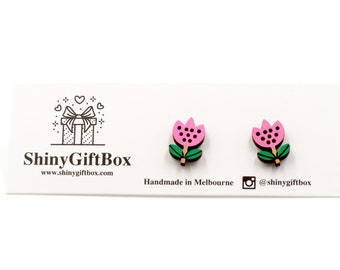 Pink Tulip Wooden Earrings - Flowers Series - Hand-Painted Novelty Laser Cut Wood Stud earrings