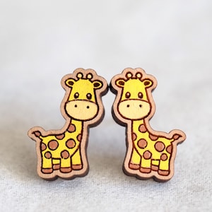 Giraffe Wood Novelty Earrings - Animal Series - Laser Cut Hand-Painted Stud earrings - Quirky & Cute
