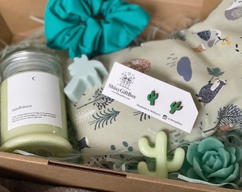 Cactus Alpaca Green Lover Gift Set - Pamper Me | Birthday Curated Self Care | Thinking of you Box / Hamper - Earrings + Soaps + Wheat Bag