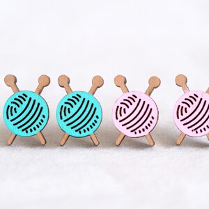 Crochet / Knitting Yarn Wood / Novelty Earrings - Cute - Handpainted Laser Cut Novelty Stud Earrings
