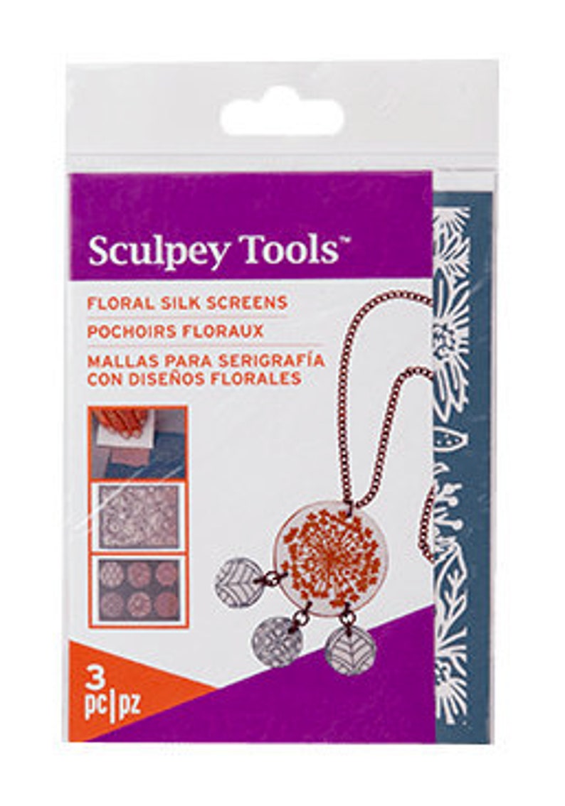 May include: A pack of three floral silk screens for use with Sculpey clay. The screens feature delicate floral designs. The package includes the text "Sculpey Tools&trade;", "Floral Silk Screens", "Pochoirs Floraux", "Mallas para Serigraf&iacute;a", "Con Dise&ntilde;os Florales", and "3 pc/pz".
