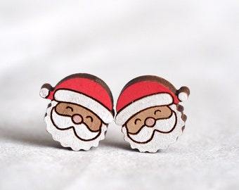 Santa Claus Christmas Wooden / Novelty Earrings - Cute Miniature Quirky Laser Cut Mini Studs | Teacher's Gift | Gift for her