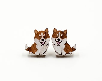 Corgi Dog Wooden Earrings - Hand-Painted Novelty Wood Stud Earrings