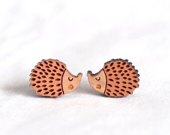 Hedgehog Wood Novelty Earrings - Animal Series - Laser Cut Hand-Painted Stud earrings - Quirky & Cute